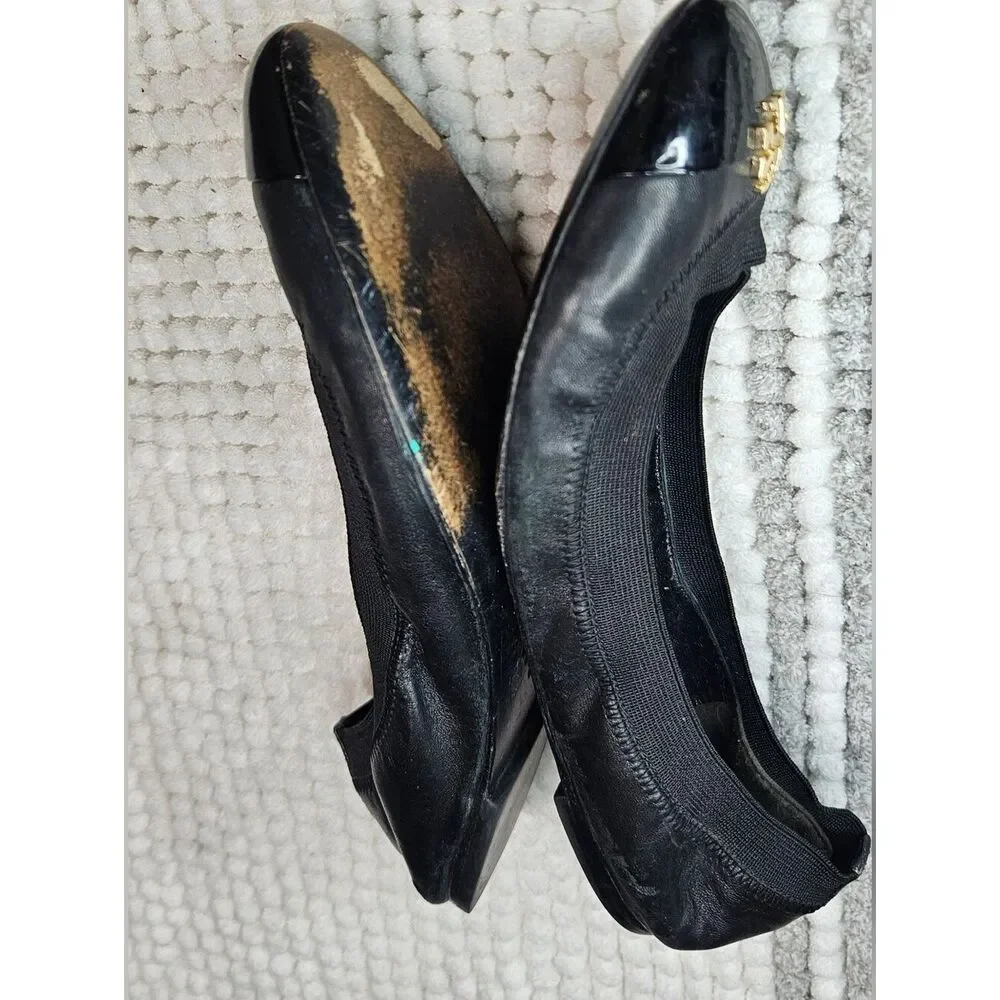Tory Burch Ballet Flats Size-8 Black Gold Leather Jolie Stretch Shoes.